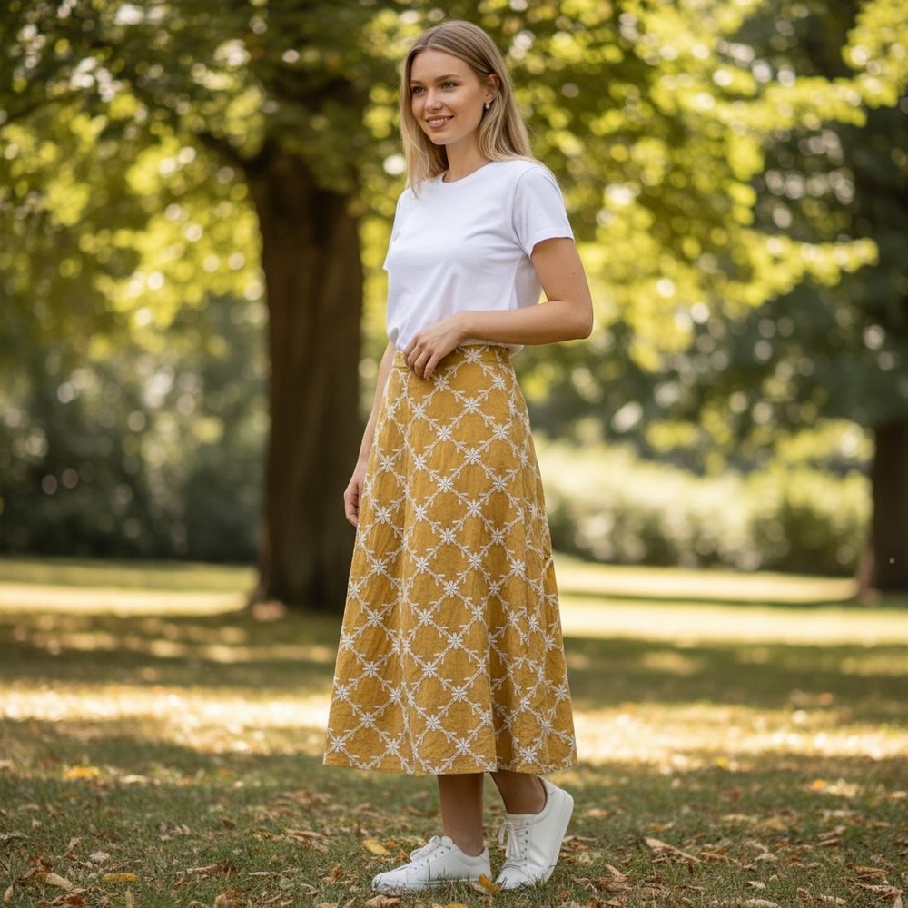 Zara Midi‎ Skirt Womens Large Yellow Floral Embroidered A-Line Boho Casual